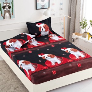 Cearsaf cu elastic, Bumbac FINET, 160/180x200cm, 2 fete de perne 50x70cm, Jojo Home, Craciun, Rosu-Negru, catelusi