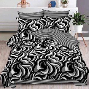 Lenjerie pat dublu,  FINET, 6 piese, cu ELASTIC, Negru, abstract