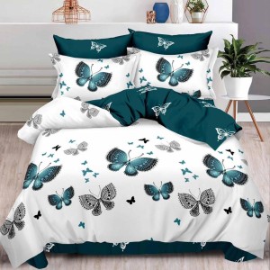 Lenjerie pat dublu,  FINET, 6 piese, Turquoise, fluturi