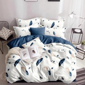 Lenjerie pat dublu cu doua feţe, bumbac satinat, 4 piese,  Albastru, pene