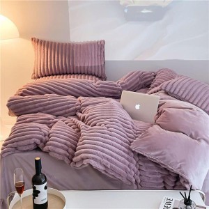 Lenjerie pat dublu, ExtraPufoasa, din Blanita artificiala de Iepure Gofrata, 4 piese, Mov