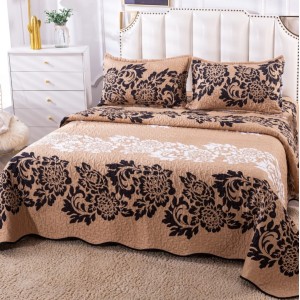 Cuvertura pat dublu din Bumbac Satinat Superior, 3 PIESE, Negru, floral