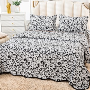 Cuvertura pat dublu din Bumbac Satinat Superior, 3 PIESE, Negru, floral