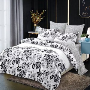 Lenjerie pat dublu,  FINET, cu elastic, 6 piese, Gri, flori