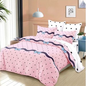 Lenjerie pat dublu,  FINET, cu elastic, 6 piese, Roz, inimioare, fundite