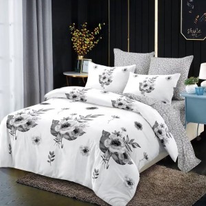 Lenjerie pat dublu,  FINET, cu elastic, 6 piese, Gri, flori