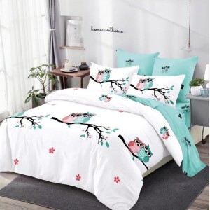 Lenjerie pat dublu,  FINET, cu elastic, 6 piese, Turquoise, flori, bufnite