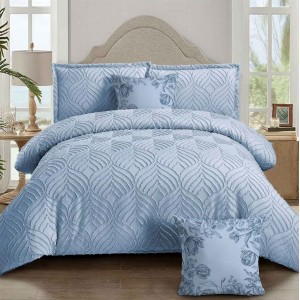 Lenjerie pat dublu, Finet Satinat Deluxe cu Smocuri Brodate, IDENTICA CU POZA, cu elastic, 4 anotimpuri, 6 piese, gri albastrui