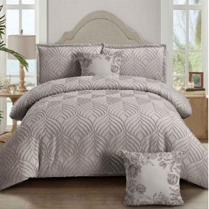 Lenjerie pat dublu, Finet Satinat Deluxe cu Smocuri Brodate, IDENTICA CU POZA, cu elastic, 4 anotimpuri, 6 piese, grej