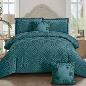 Lenjerie pat dublu, Finet Satinat Deluxe cu Smocuri Brodate, IDENTICA CU POZA, cu elastic, 4 anotimpuri, 6 piese, verde