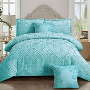 Lenjerie pat dublu, Finet Satinat Deluxe cu Smocuri Brodate, IDENTICA CU POZA, cu elastic, 4 anotimpuri, 6 piese, bleu