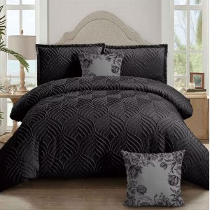 Lenjerie pat dublu, Finet Satinat Deluxe cu Smocuri Brodate, IDENTICA CU POZA, cu elastic, 4 anotimpuri, 6 piese, negru