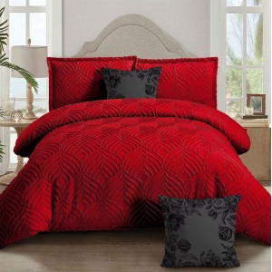 Lenjerie pat dublu, Finet Satinat Deluxe cu Smocuri Brodate, IDENTICA CU POZA, cu elastic, 4 anotimpuri, 6 piese, rosu