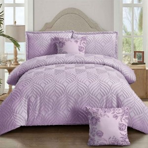 Lenjerie pat dublu, Finet Satinat Deluxe cu Smocuri Brodate, IDENTICA CU POZA, cu elastic, 4 anotimpuri, 6 piese, lila