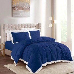 Lenjerie pat dublu,  FINET, cu Broderie si Volanase, 4 piese, cu Elastic, albastru intens