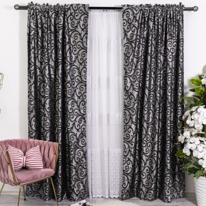 Set 2 Draperii din Jacquard Satinat - 200cm x 232cm, Tiv lat , Gri - Negru