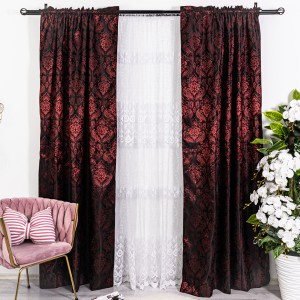 Set 2 bucati de Draperie din Jacquard Satinat - 200cm latime x 232cm inaltime x tiv lat, Negru - Rosu