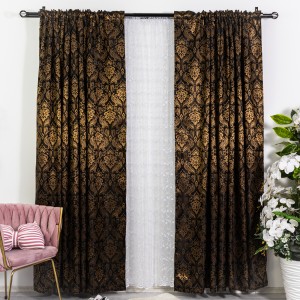  Set de 2 Draperii din Jacquard Satinat, Negru - Auriu, 1.4m latime x 2,7m inaltime, cu rejansa pt sina