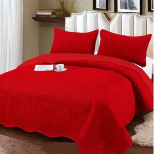 Cuvertura pat dublu, 3 piese, Catifea Matlasata, 230x250cm, Rosu