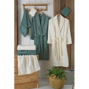 Set baie Lux Family Bumbac, cu Broderie, 8 PIESE, Crem-Verde Set baie Lux Family Bumbac, cu Broderie, 8 PIESE, Crem-Verde