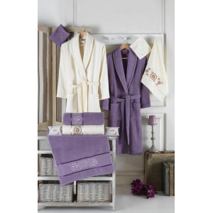 Set baie Lux Family Bumbac, cu Broderie, 8 PIESE, Crem-Mov Set baie Lux Family Bumbac, cu Broderie, 8 PIESE, Crem-Mov