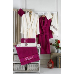 Set baie Lux Family Bumbac, cu Broderie, 8 PIESE, Crem-Fuchsia Set baie Lux Family Bumbac, cu Broderie, 8 PIESE, Crem-Fuchsia