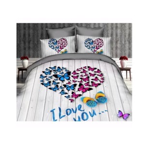 Lenjerie pat dublu, Ralex Pucioasa, Bumbac Satinat, 4 piese, 3D Digital Print,  Alb-Albastru, inimioare, fluturi