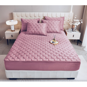 Husã matlasatã tip topper din catifea, 140x200cm + 2 fete de perna 50x70cm, roz pudra