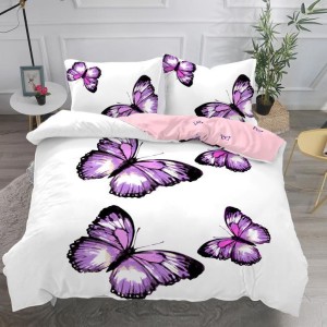Lenjerie pat dublu,  IMPRIMEU 3D DIGITAL, IDENTIC CU POZA, Alb-mov, fluturi