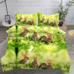 Lenjerie pat dublu,  IMPRIMEU 3D DIGITAL, IDENTIC CU POZA, Verde, iepurasi