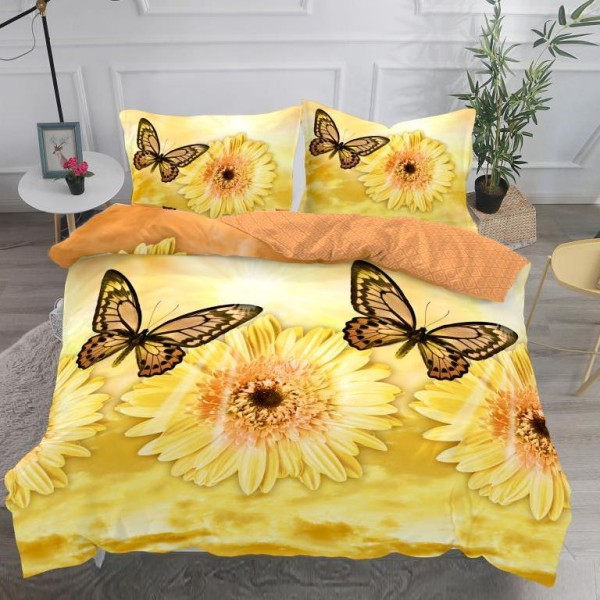 Lenjerie pat dublu,  IMPRIMEU 3D DIGITAL, IDENTIC CU POZA, Galben, fluturi [1]
