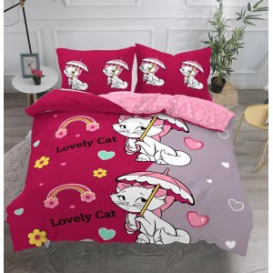 Lenjerie pat dublu,  IMPRIMEU 3D DIGITAL, IDENTIC CU POZA, Roz, pisici, inimioare