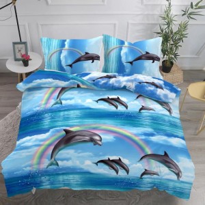 Lenjerie pat dublu,  IMPRIMEU 3D DIGITAL, IDENTIC CU POZA, Albastru, delfini