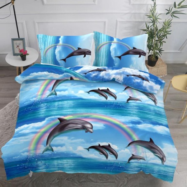Lenjerie pat dublu,  IMPRIMEU 3D DIGITAL, IDENTIC CU POZA, Albastru, delfini [1]
