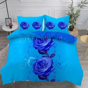 Lenjerie pat dublu,  IMPRIMEU 3D DIGITAL, IDENTIC CU POZA, Albastru, trandafiri