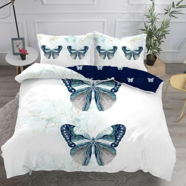 Lenjerie pat dublu,  IMPRIMEU 3D DIGITAL, IDENTIC CU POZA, Alb, fluturi [1]