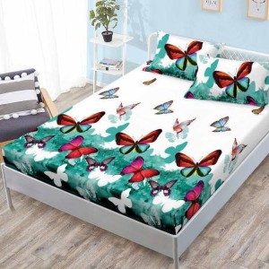 Cearsaf cu elastic, FINET, 180x200cm, 2 fete de perne 50x70cm, Verde, fluturi