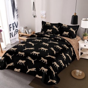 Lenjerie pat dublu, bumbac satinat,  cu elastic, Negru, leoparzi