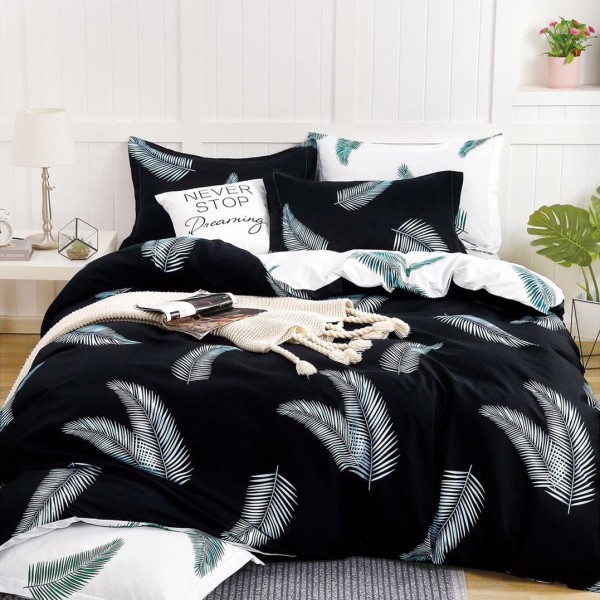 Lenjerie pat dublu, bumbac satinat,  cu elastic, Negru, frunze [1]