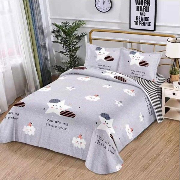 Lenjerie pat dublu, bumbac satinat,  cu elastic, Gri, norisori, stelute [1]