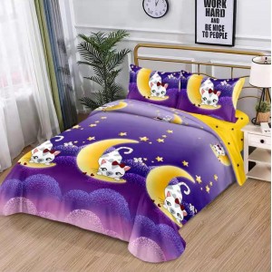 Lenjerie pat dublu, bumbac satinat,  cu elastic, Mov, pisici, stelute