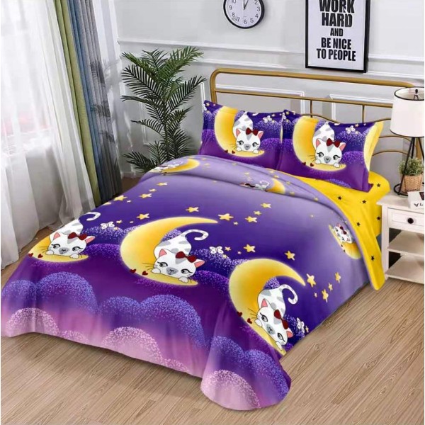 Lenjerie pat dublu, bumbac satinat,  cu elastic, Mov, pisici, stelute [1]