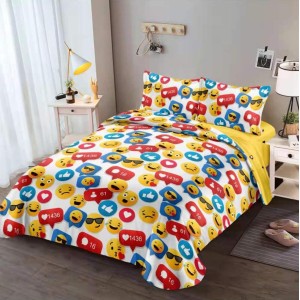 Lenjerie pat dublu, bumbac satinat,  cu elastic, Galben, emoji