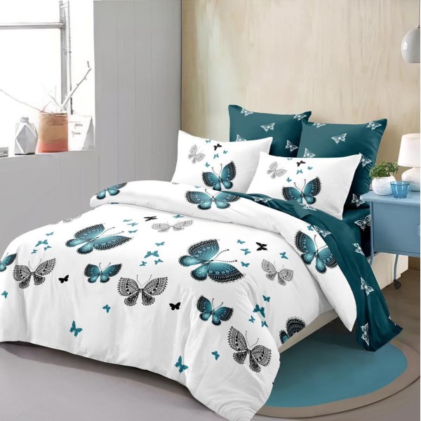 Lenjerie pat dublu,  FINET, 6 piese, cu ELASTIC, Turquoise, fluturi [1]