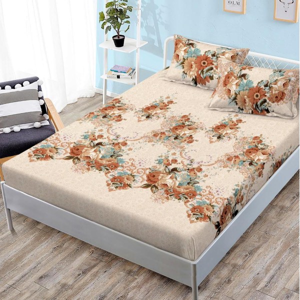 Cearsaf cu elastic, FINET, 180x200cm, 2 fete de perne 50x70cm, Bej, flori [1]