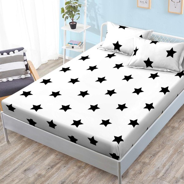 Cearsaf cu elastic, FINET, 180x200cm, 2 fete de perne 50x70cm, Alb, stelute [1]