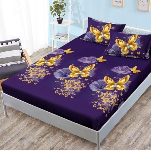 Cearsaf cu elastic, FINET, 180x200cm, 2 fete de perne 50x70cm, Mov, fluturi