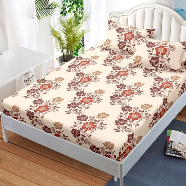 Cearsaf cu elastic, FINET, 180x200cm, 2 fete de perne 50x70cm, Maro, flori [1]