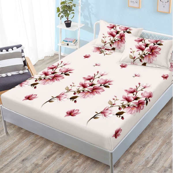 Cearsaf cu elastic, FINET, 180x200cm, 2 fete de perne 50x70cm, Roz, magnolii [1]