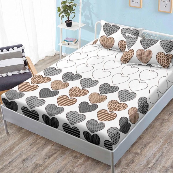 Cearsaf cu elastic, FINET, 180x200cm, 2 fete de perne 50x70cm, Gri, inimioare [1]